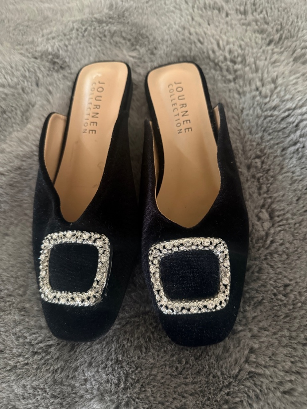 Journee Collection Black Velvet Rhinestone Buckle Mules